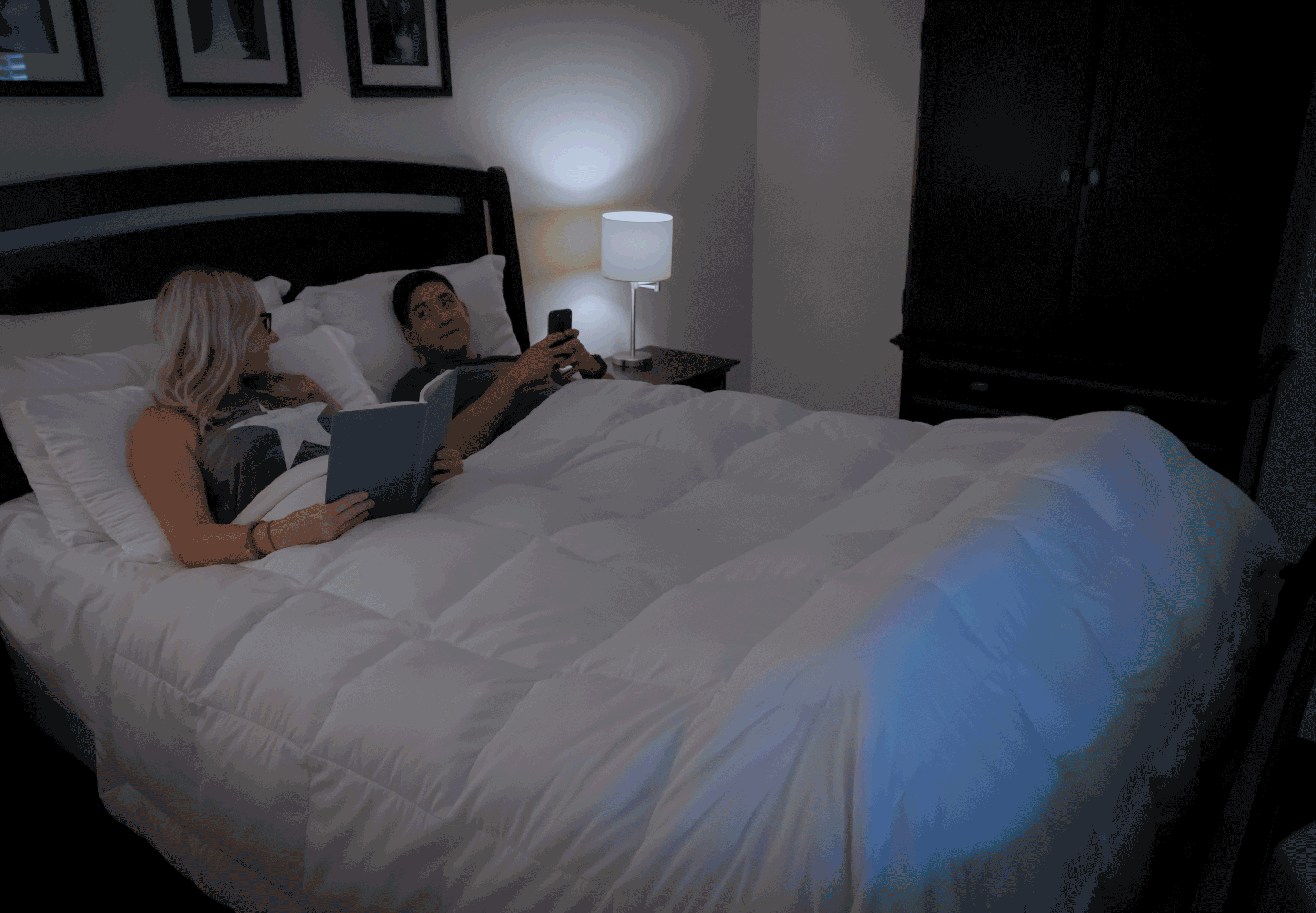 Couple in bed, bed block bed wedges lifting covers